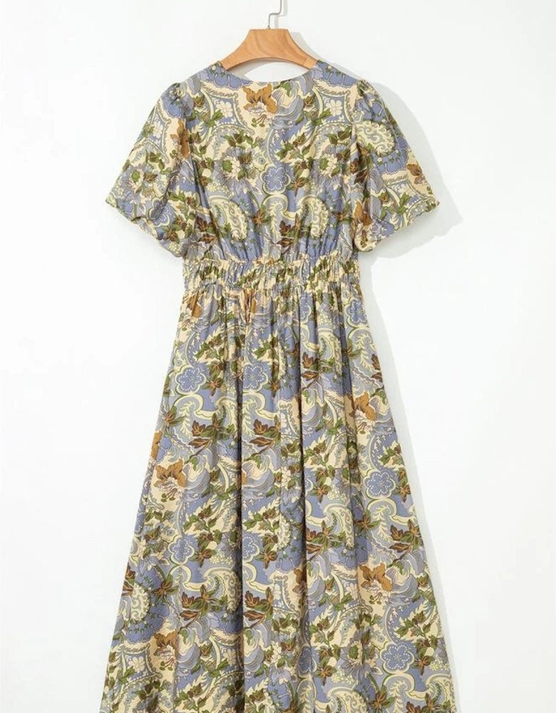Multicolour Vintage Floral V Neck Short Puff Sleeve Long Dress