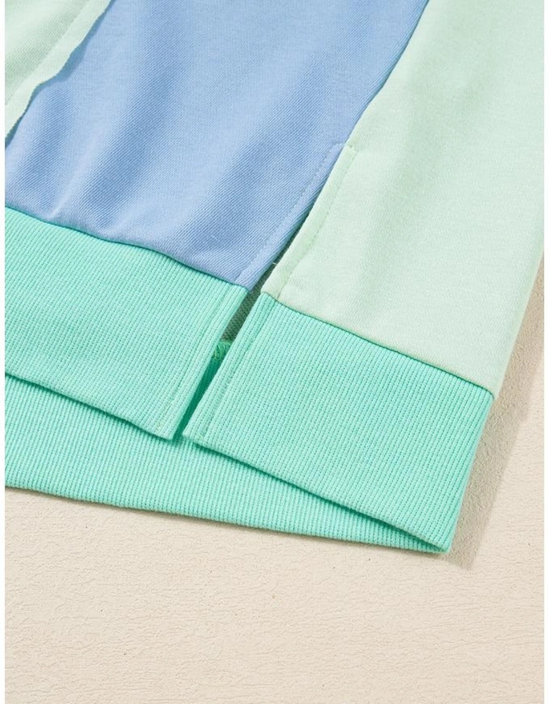 Green Color Block Floral Patchwork Long Sleeve Notched Neck Plus Size Top