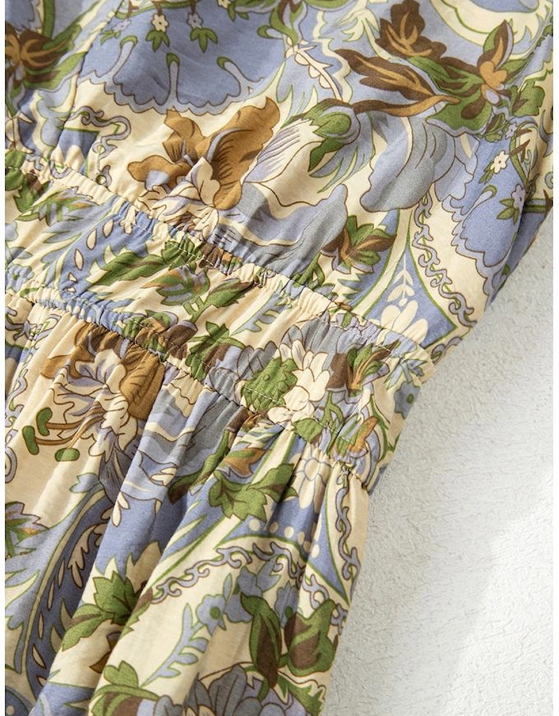 Multicolour Vintage Floral V Neck Short Puff Sleeve Long Dress