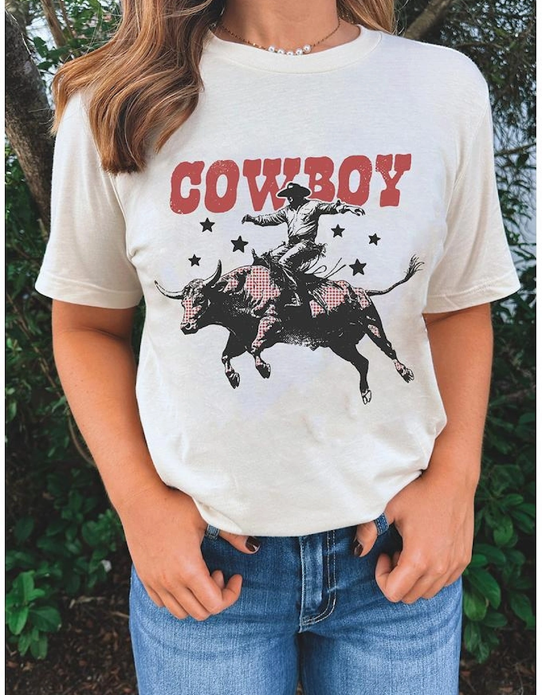 White COWBOY Star Graphic Crewneck Western Fashion Tee