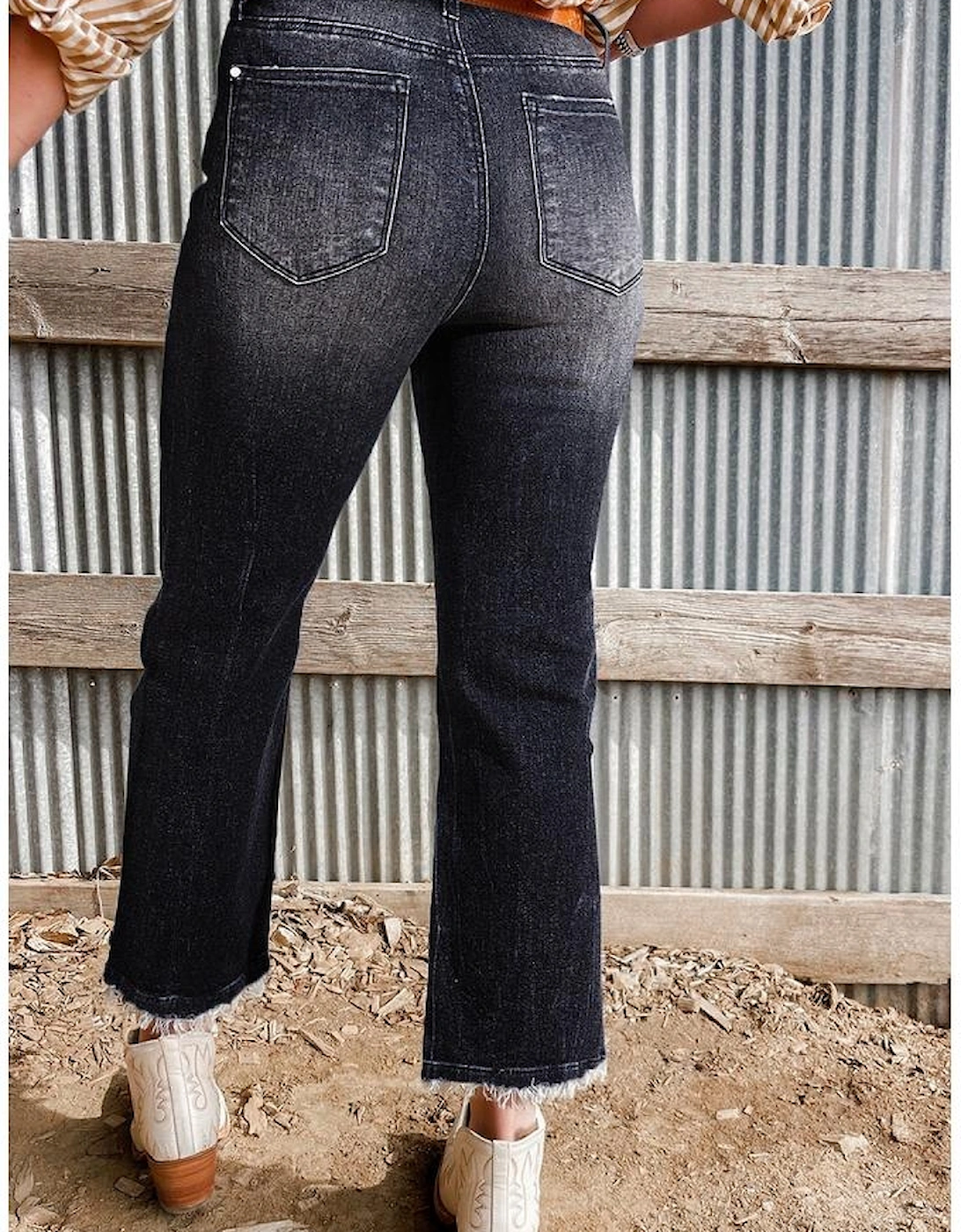 Carbon Grey Mineral Wash Raw Hem High Waist Flared Jeans