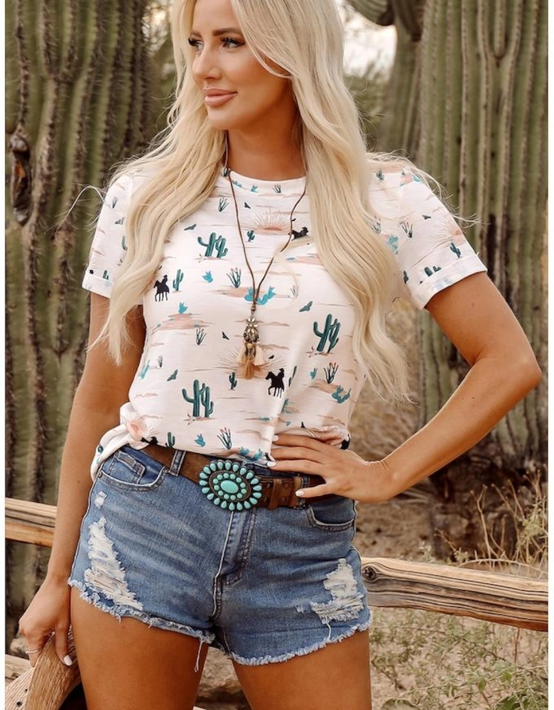 Beige Western Cactus Print Crew Neck Short Sleeve Top