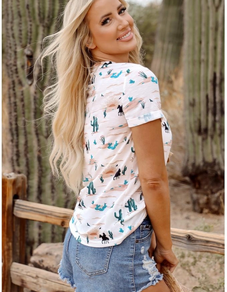 Beige Western Cactus Print Crew Neck Short Sleeve Top
