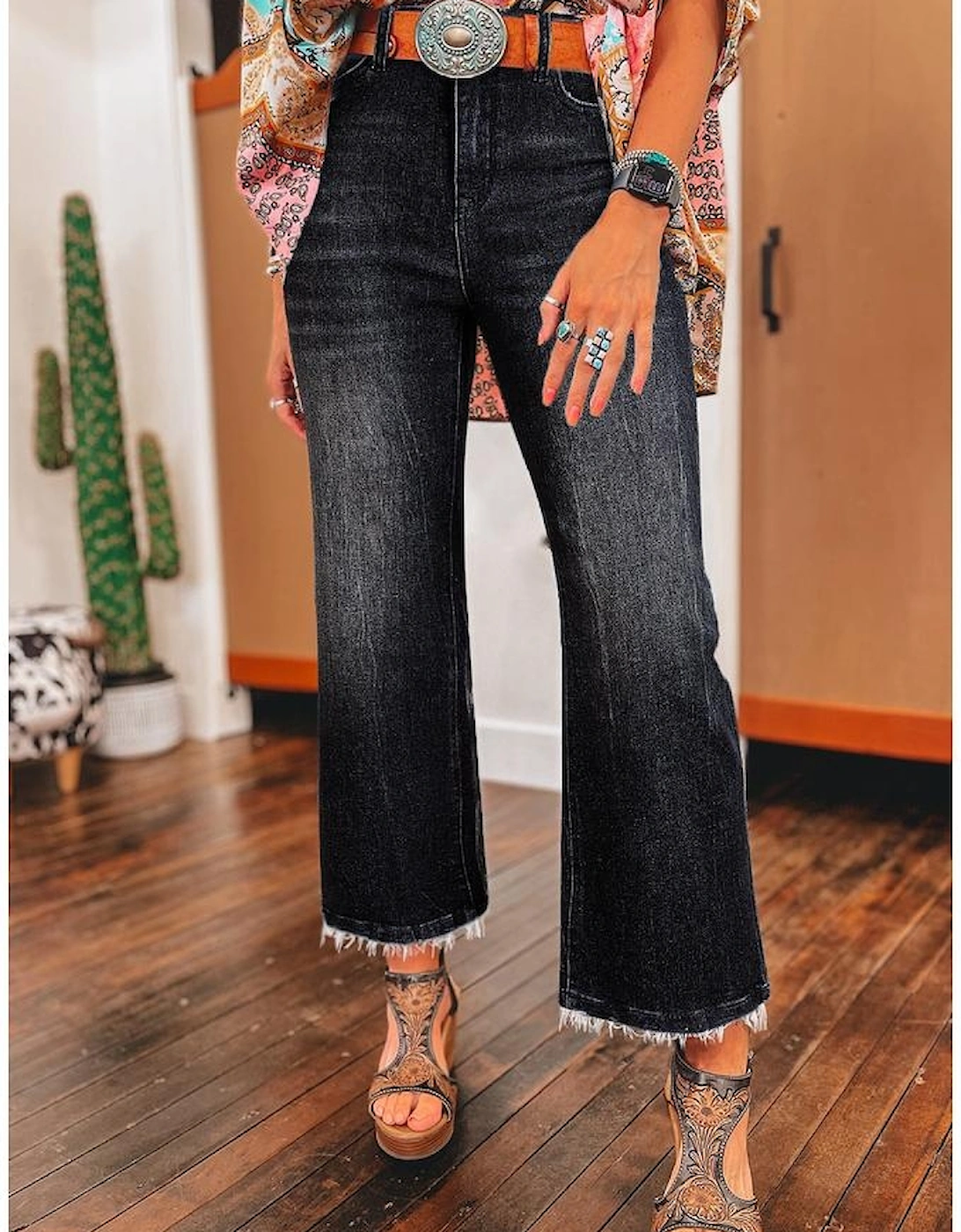 Carbon Grey Mineral Wash Raw Hem High Waist Flared Jeans