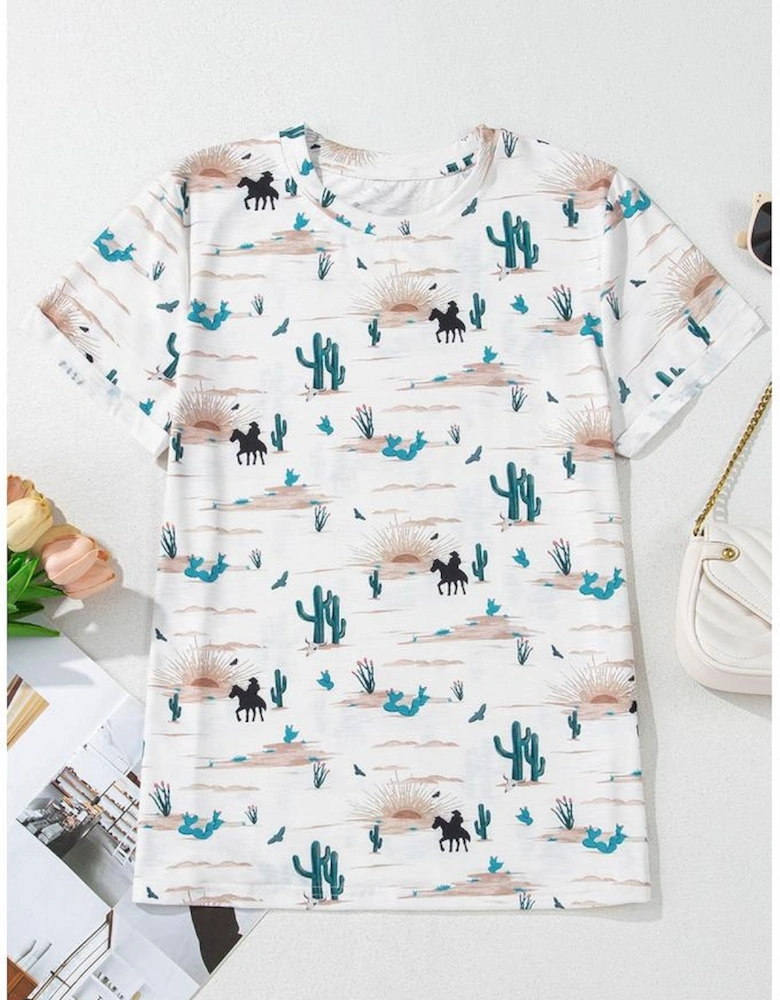 Beige Western Cactus Print Crew Neck Short Sleeve Top