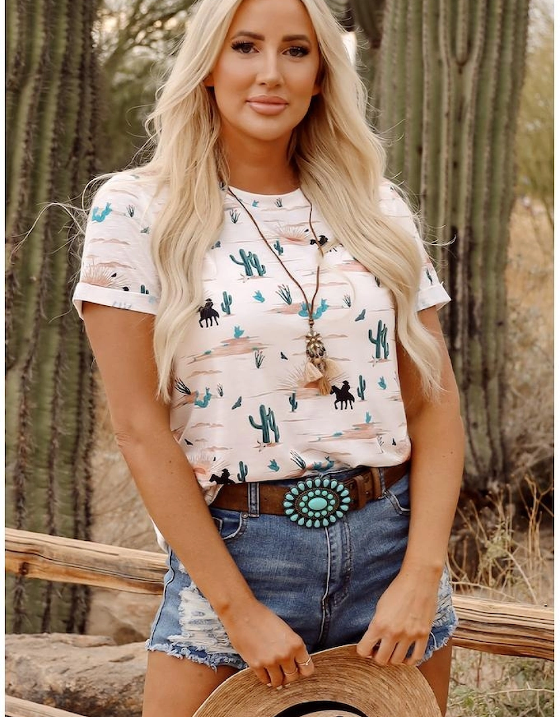 Beige Western Cactus Print Crew Neck Short Sleeve Top