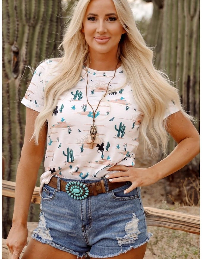Beige Western Cactus Print Crew Neck Short Sleeve Top