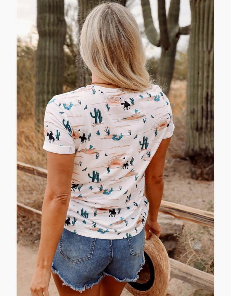 Beige Western Cactus Print Crew Neck Short Sleeve Top