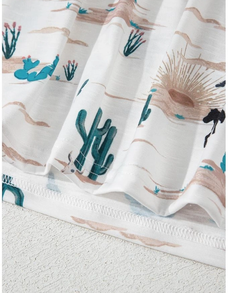 Beige Western Cactus Print Crew Neck Short Sleeve Top