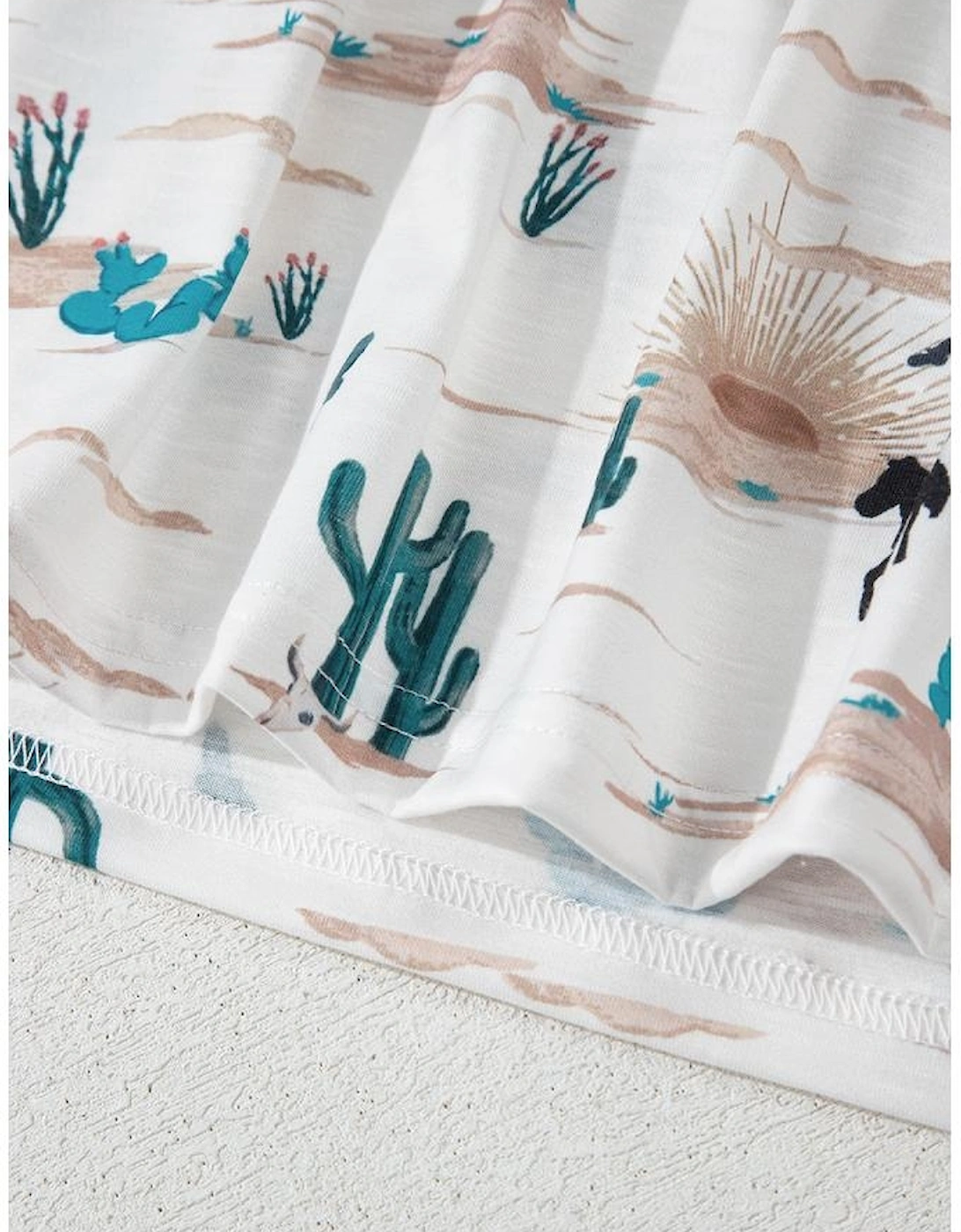 Beige Western Cactus Print Crew Neck Short Sleeve Top