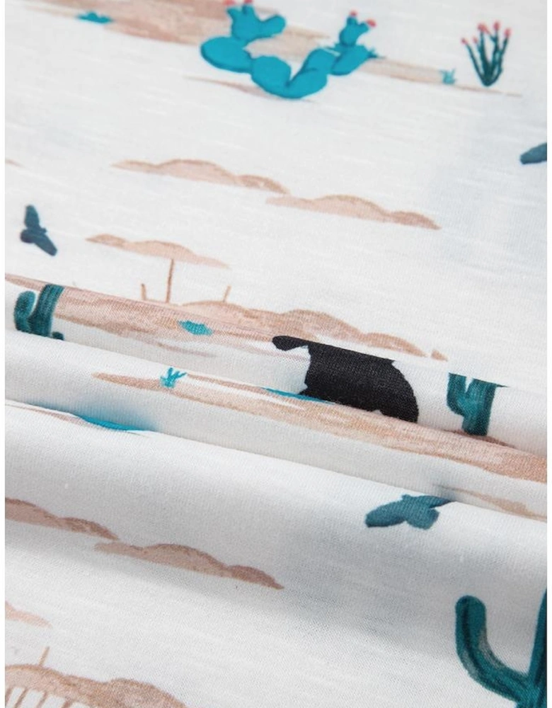 Beige Western Cactus Print Crew Neck Short Sleeve Top