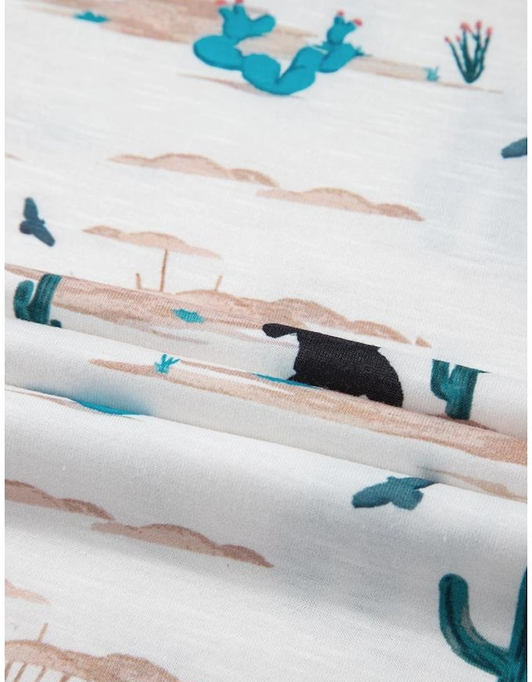 Beige Western Cactus Print Crew Neck Short Sleeve Top