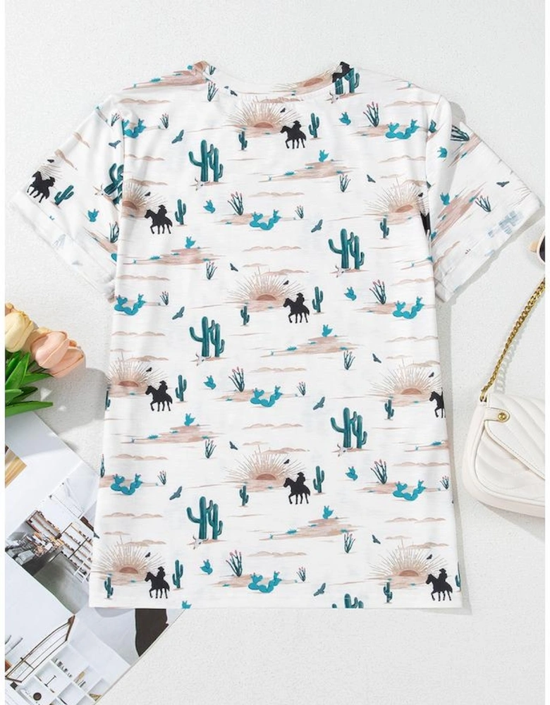 Beige Western Cactus Print Crew Neck Short Sleeve Top