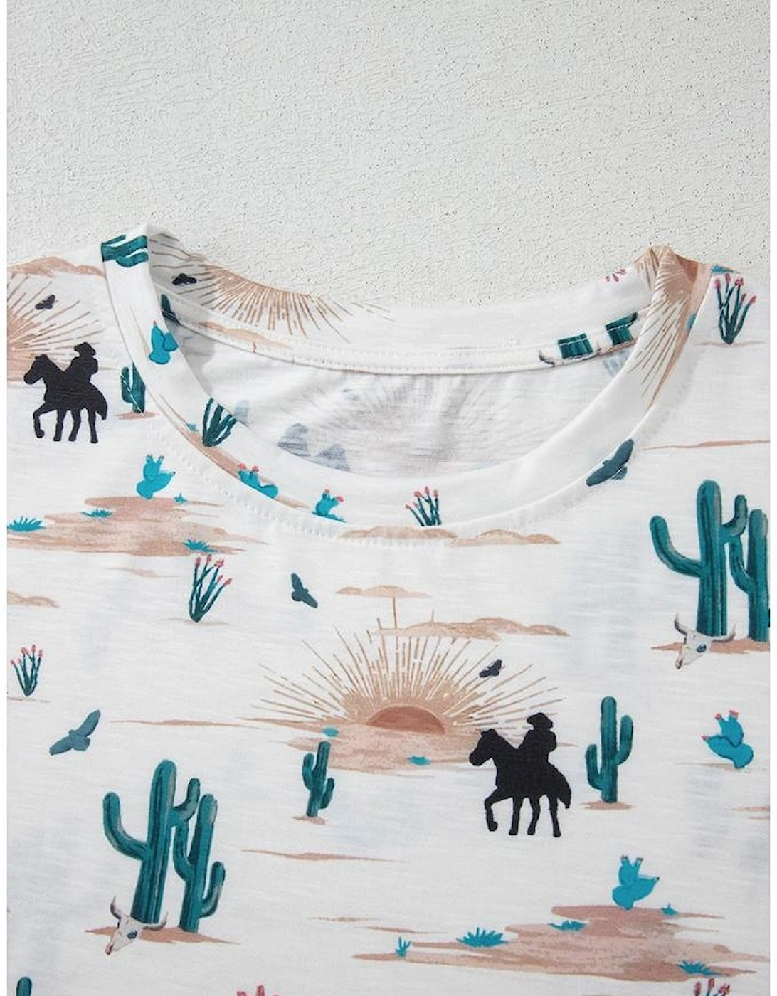 Beige Western Cactus Print Crew Neck Short Sleeve Top