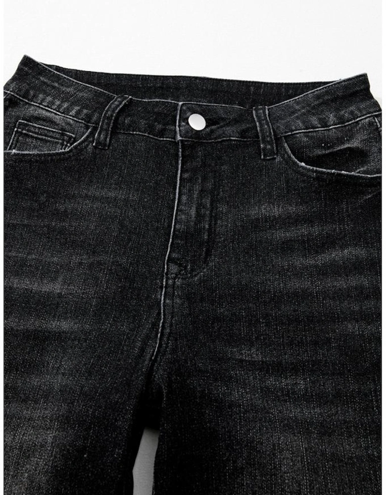 Carbon Grey Mineral Wash Raw Hem High Waist Flared Jeans