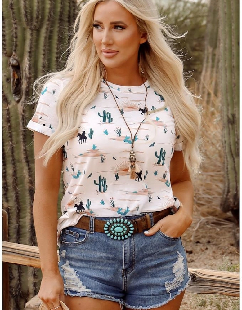 Beige Western Cactus Print Crew Neck Short Sleeve Top