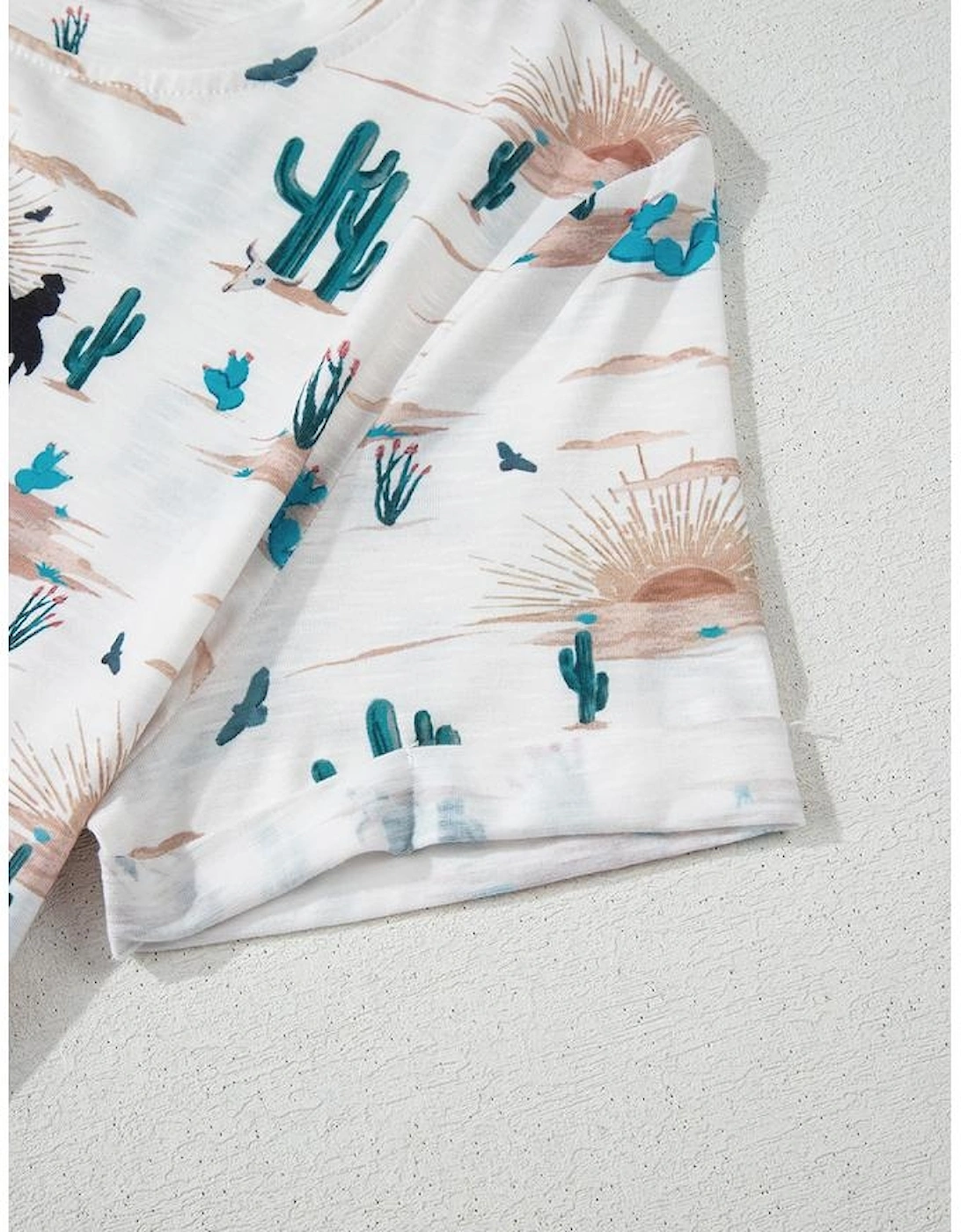 Beige Western Cactus Print Crew Neck Short Sleeve Top