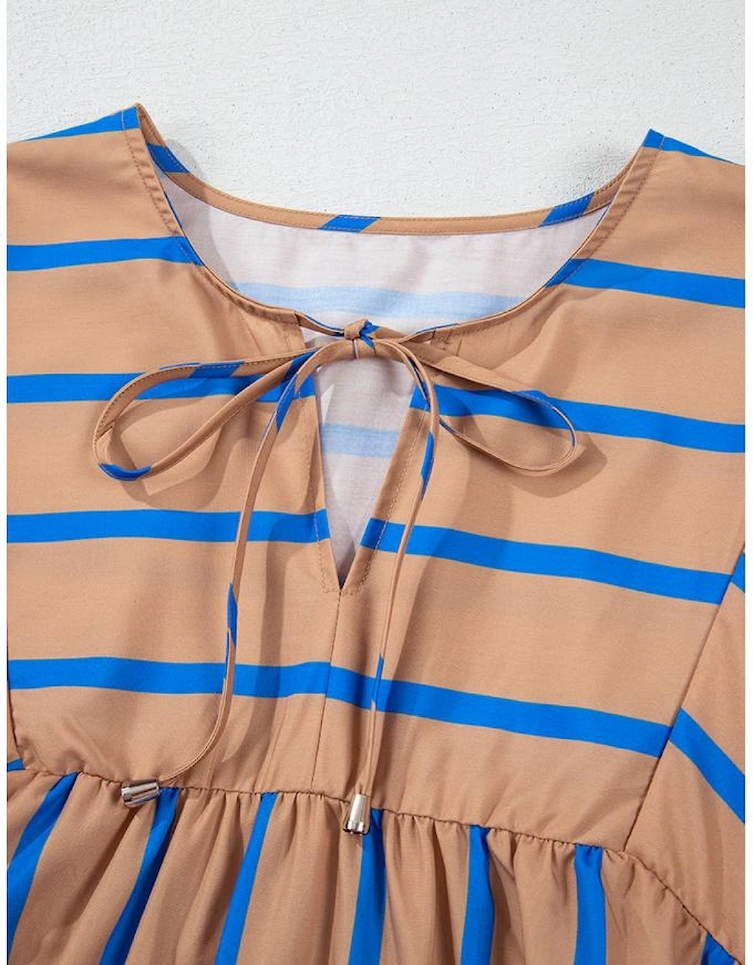 Khaki Stripe Contrast Striped Print 3/4 Sleeve Babydoll Plus Size Dress