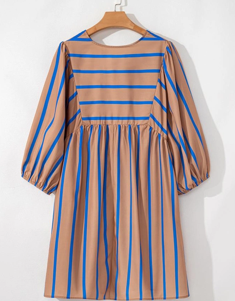 Khaki Stripe Contrast Striped Print 3/4 Sleeve Babydoll Plus Size Dress