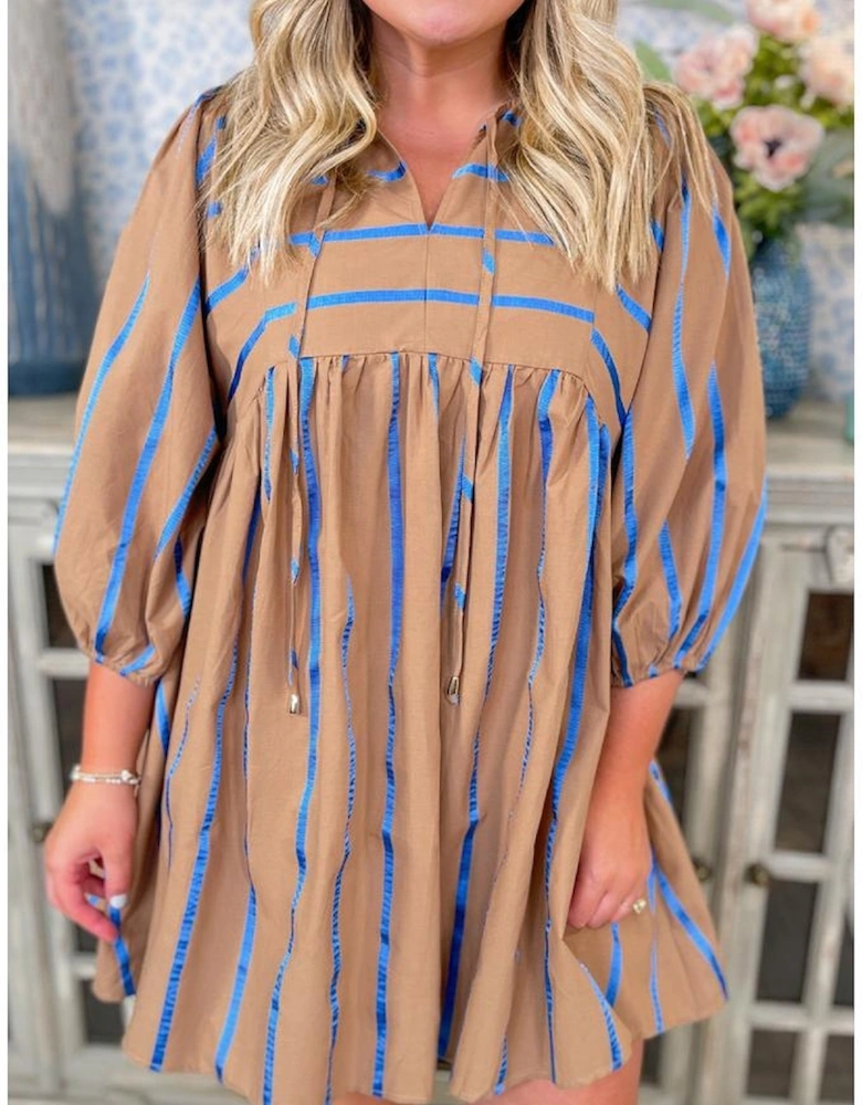 Khaki Stripe Contrast Striped Print 3/4 Sleeve Babydoll Plus Size Dress