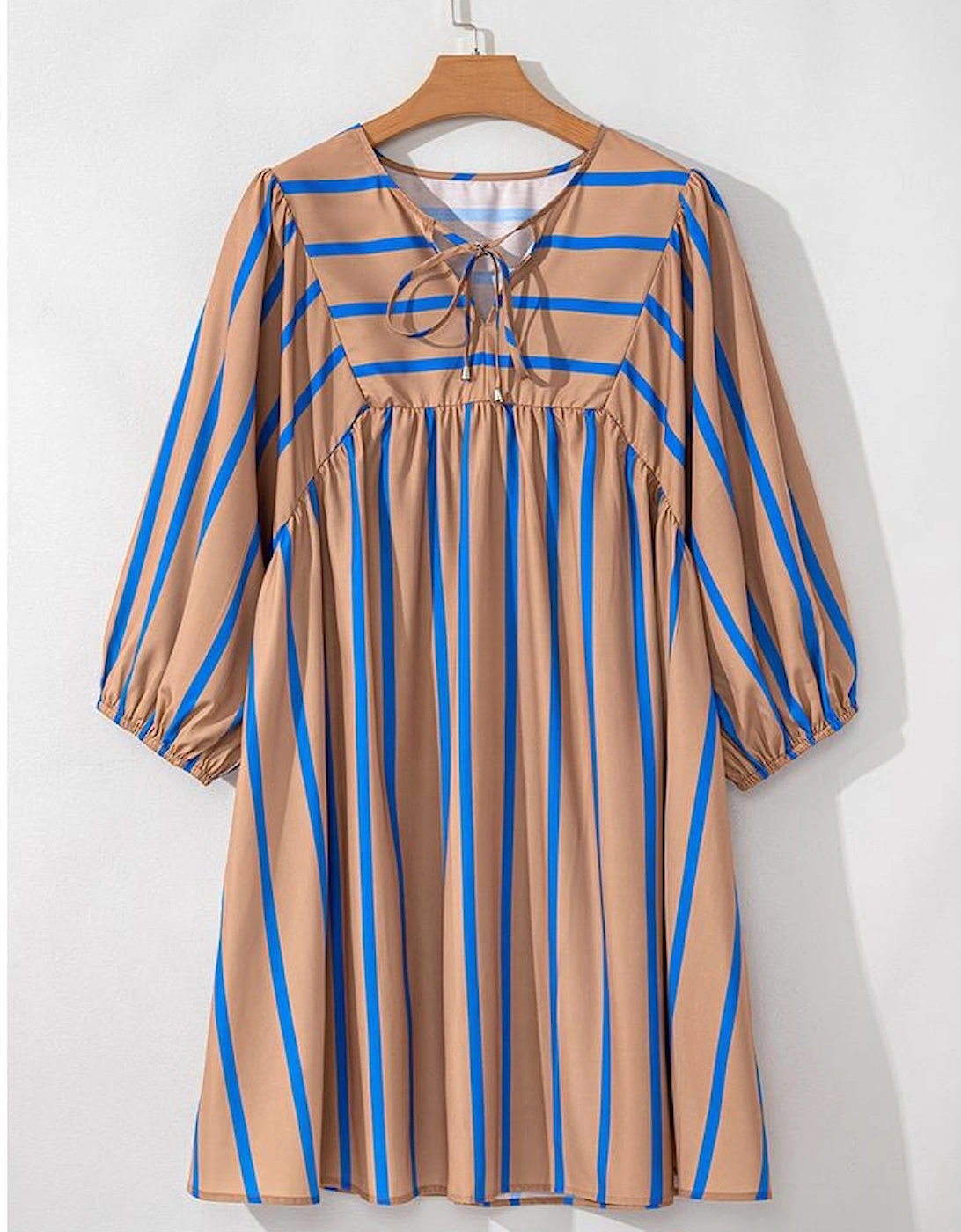 Khaki Stripe Contrast Striped Print 3/4 Sleeve Babydoll Plus Size Dress