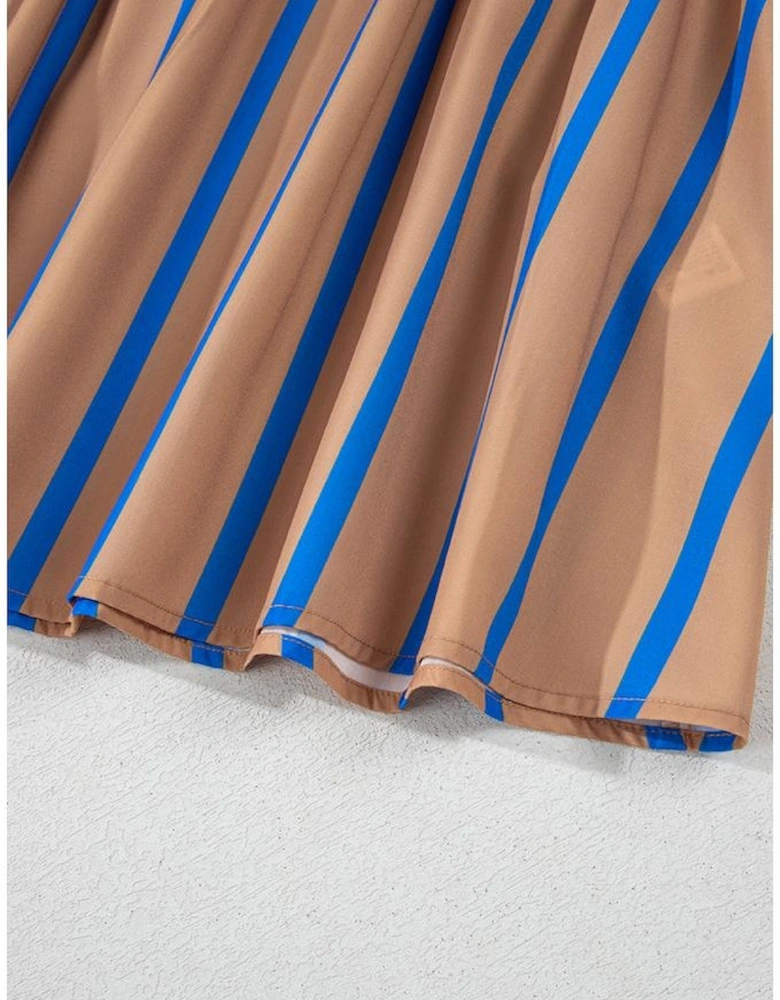 Khaki Stripe Contrast Striped Print 3/4 Sleeve Babydoll Plus Size Dress