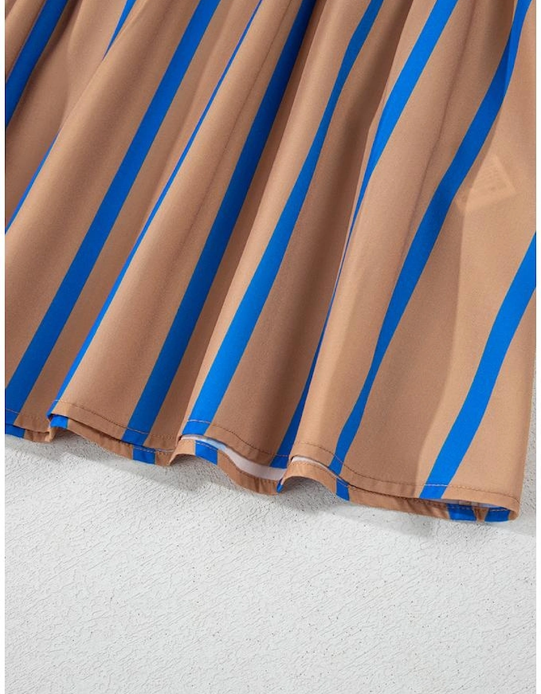 Khaki Stripe Contrast Striped Print 3/4 Sleeve Babydoll Plus Size Dress