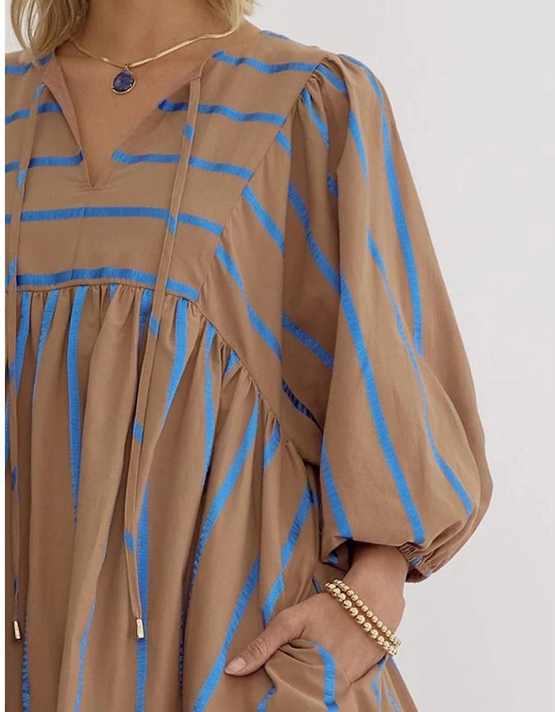 Khaki Stripe Contrast Striped Print 3/4 Sleeve Babydoll Plus Size Dress