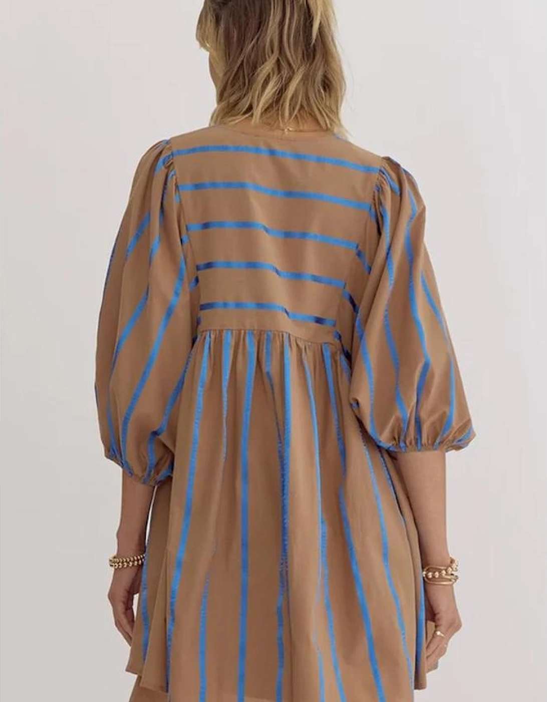 Khaki Stripe Contrast Striped Print 3/4 Sleeve Babydoll Plus Size Dress