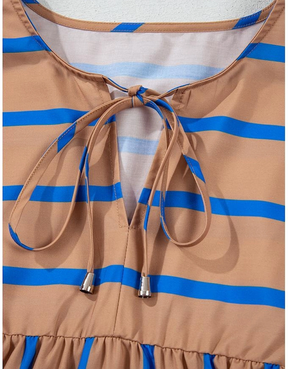 Khaki Stripe Contrast Striped Print 3/4 Sleeve Babydoll Plus Size Dress