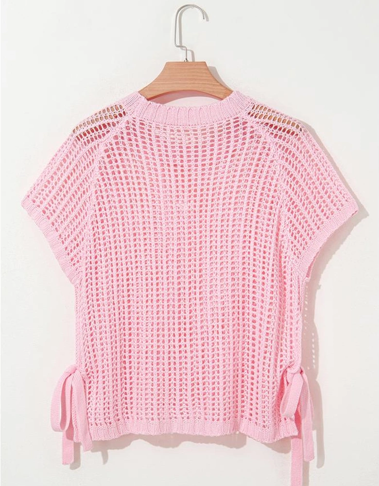 Pink Hollow-out Crochet Side Tied Short Sleeve Sweater