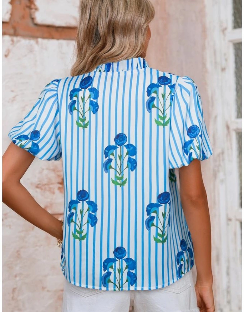 Sky Blue Stripe Floral Buttoned Frilly Notched Neck Puff Sleeve Summer Blouse