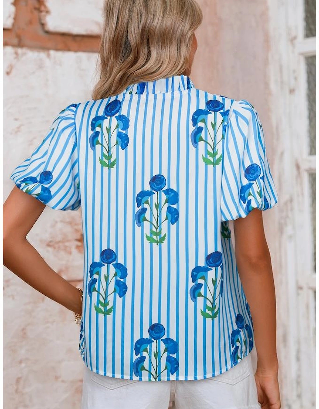 Sky Blue Stripe Floral Buttoned Frilly Notched Neck Puff Sleeve Summer Blouse, 11 of 10