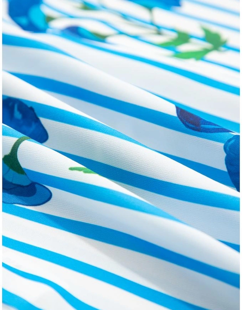 Sky Blue Stripe Floral Buttoned Frilly Notched Neck Puff Sleeve Summer Blouse