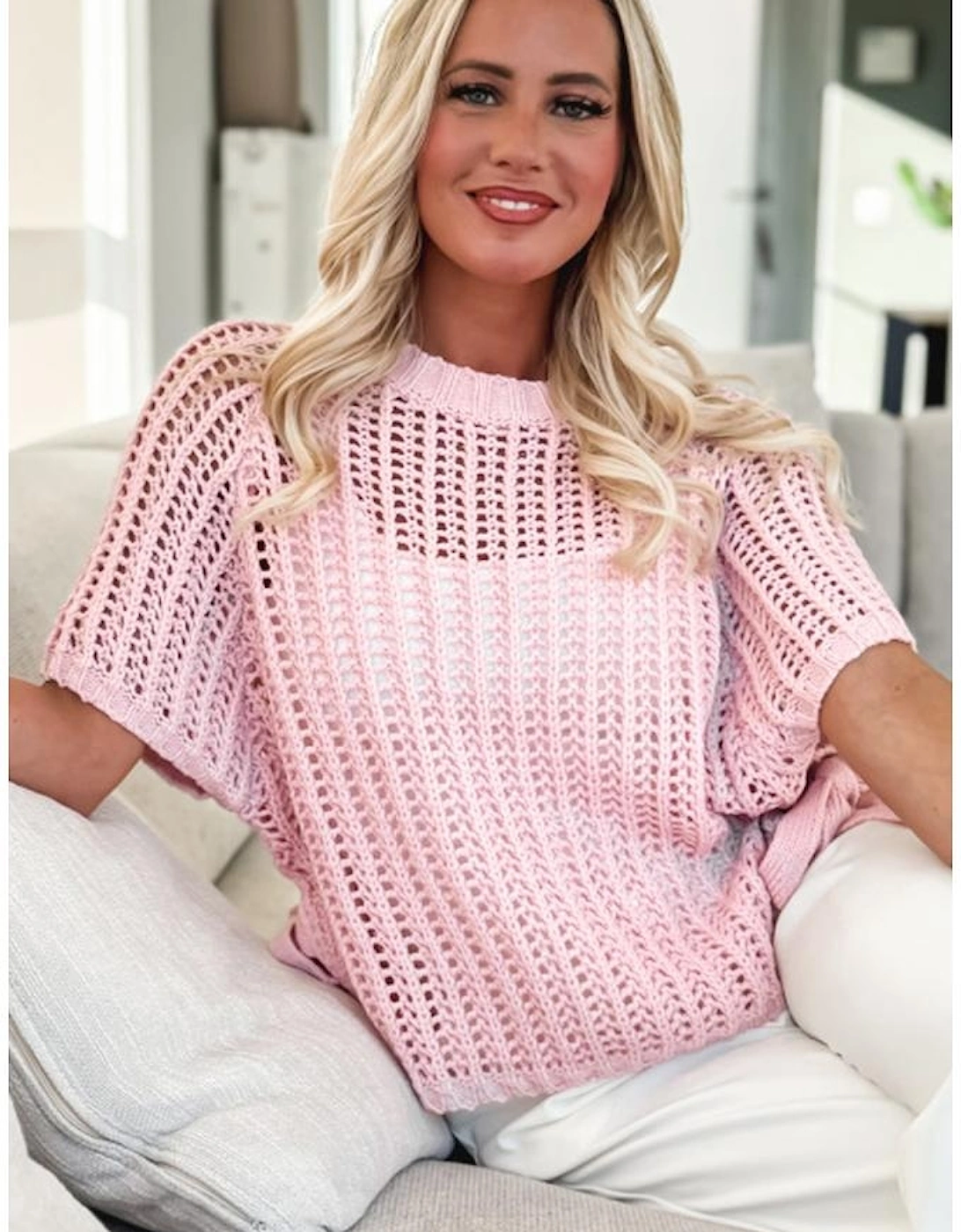 Pink Hollow-out Crochet Side Tied Short Sleeve Sweater