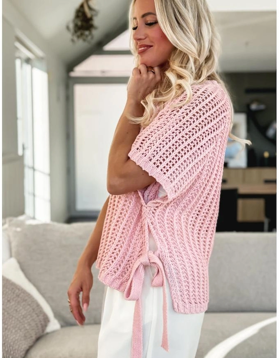 Pink Hollow-out Crochet Side Tied Short Sleeve Sweater, 13 of 12