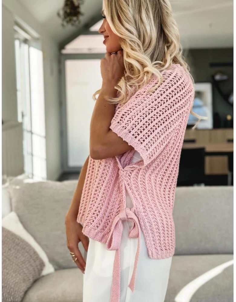 Pink Hollow-out Crochet Side Tied Short Sleeve Sweater