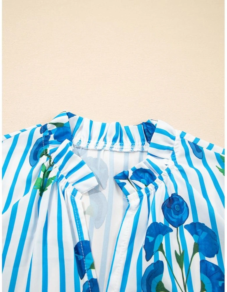 Sky Blue Stripe Floral Buttoned Frilly Notched Neck Puff Sleeve Summer Blouse