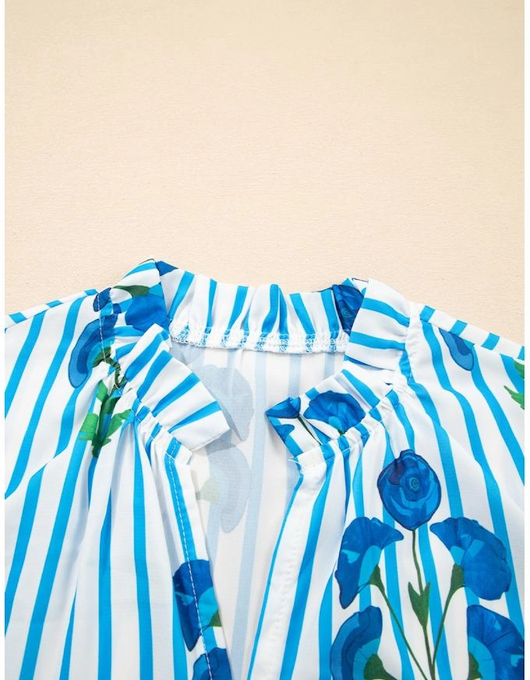 Sky Blue Stripe Floral Buttoned Frilly Notched Neck Puff Sleeve Summer Blouse