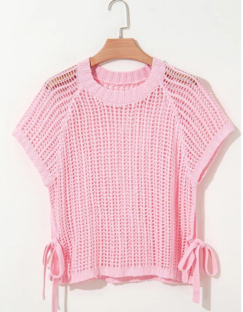 Pink Hollow-out Crochet Side Tied Short Sleeve Sweater