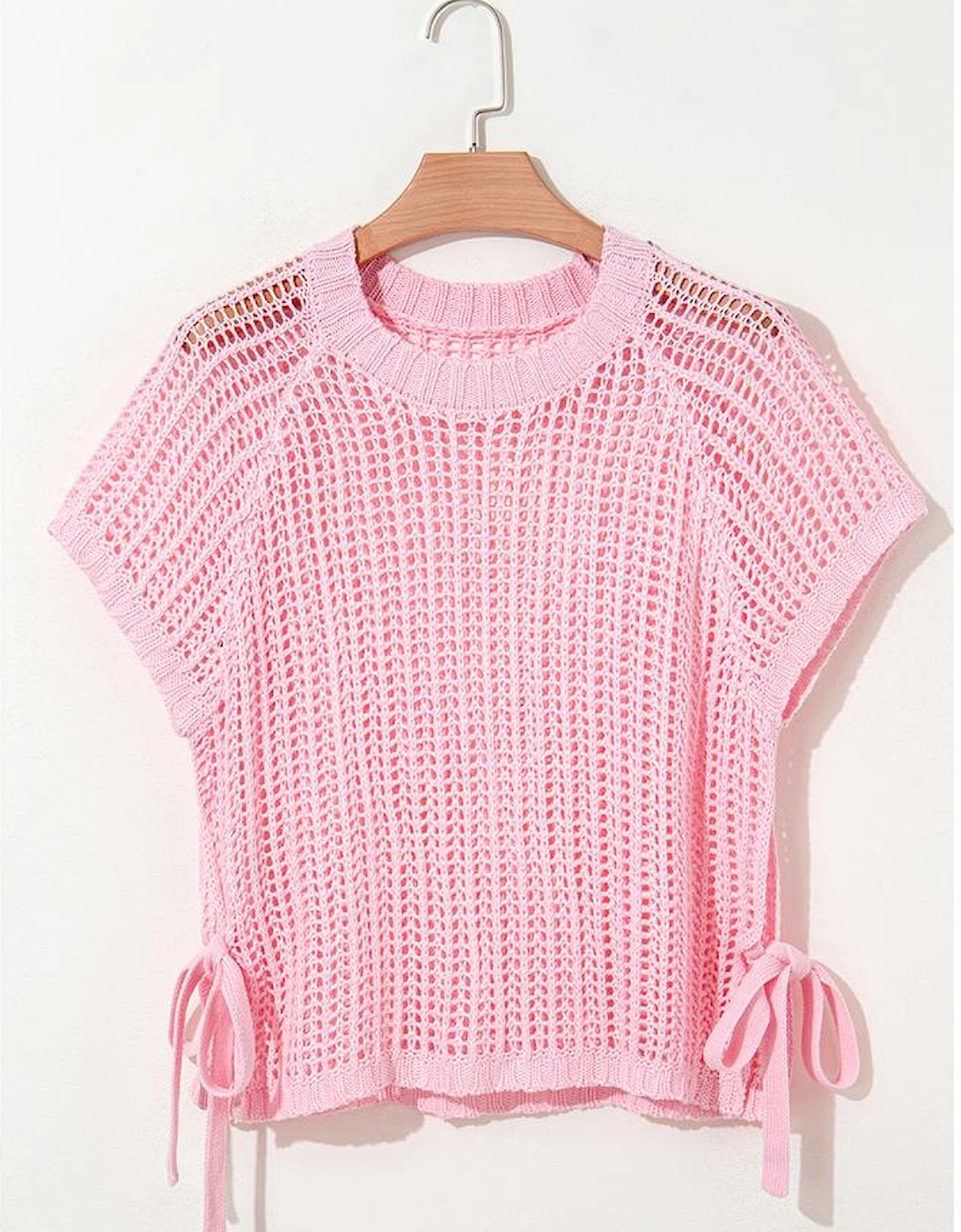Pink Hollow-out Crochet Side Tied Short Sleeve Sweater