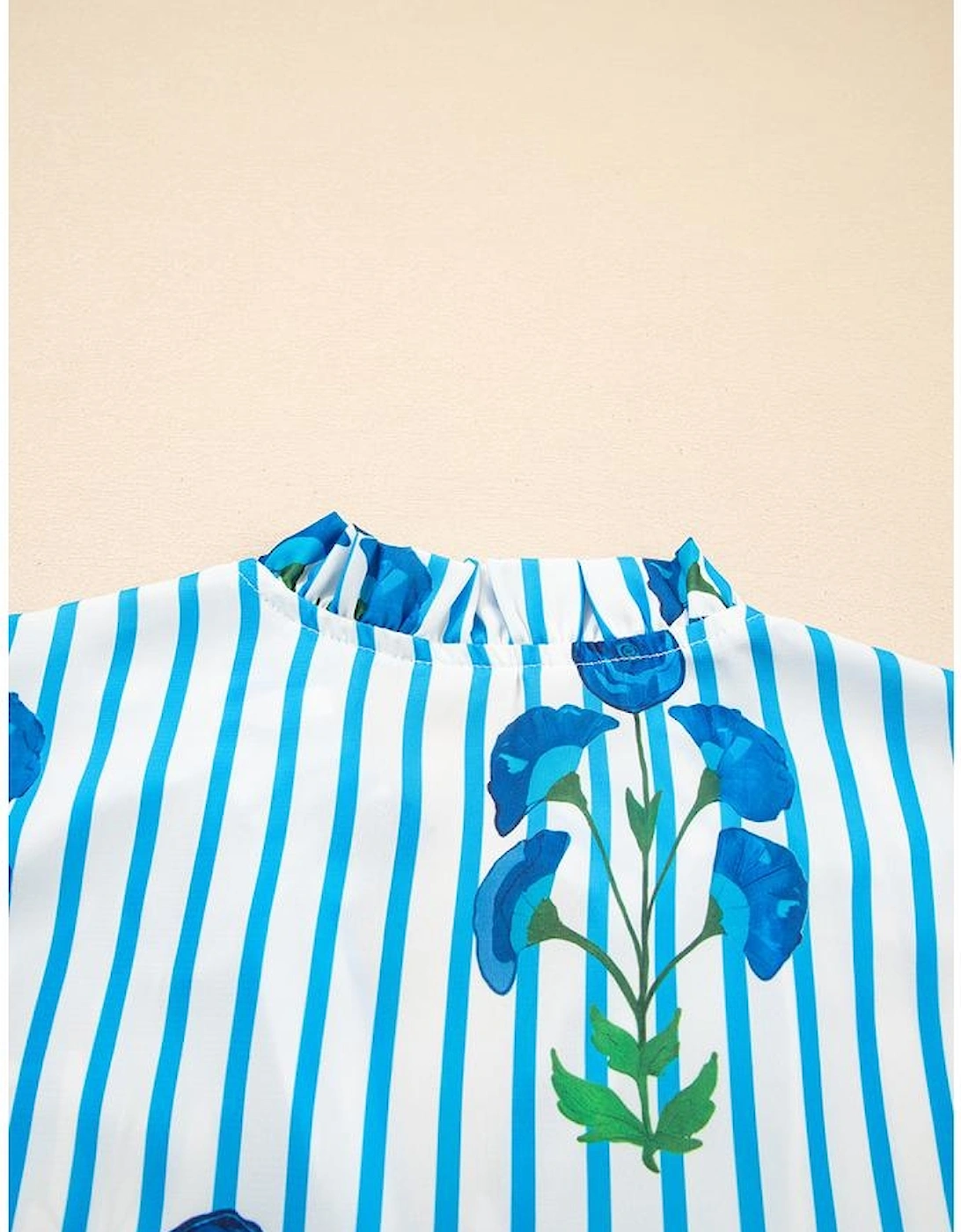 Sky Blue Stripe Floral Buttoned Frilly Notched Neck Puff Sleeve Summer Blouse