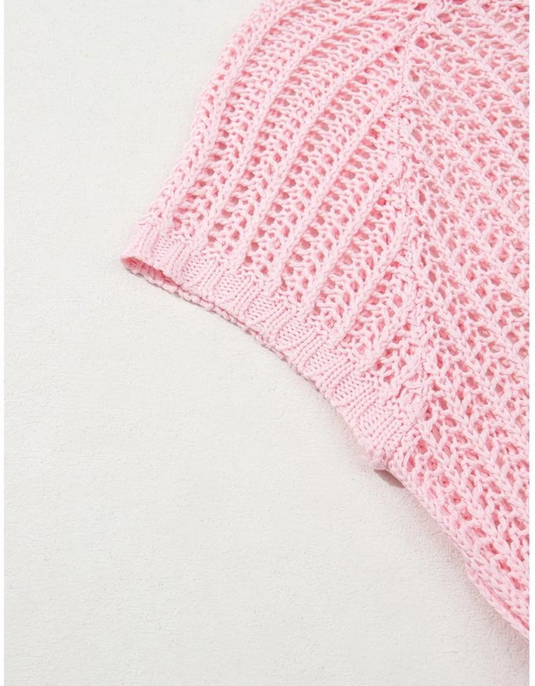 Pink Hollow-out Crochet Side Tied Short Sleeve Sweater