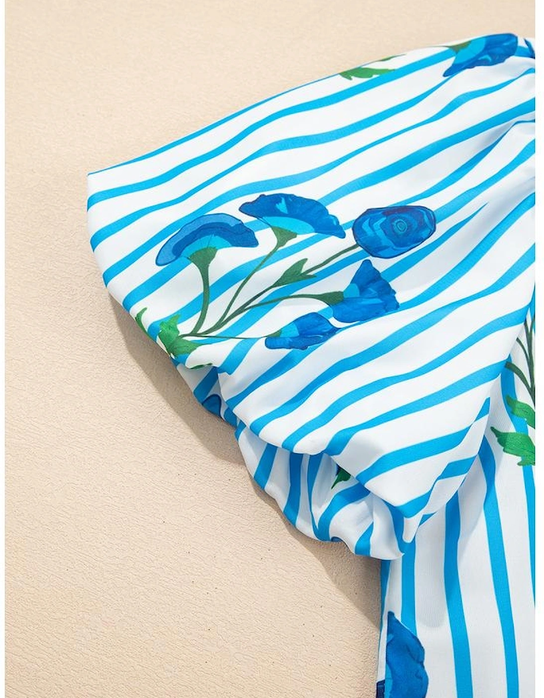 Sky Blue Stripe Floral Buttoned Frilly Notched Neck Puff Sleeve Summer Blouse