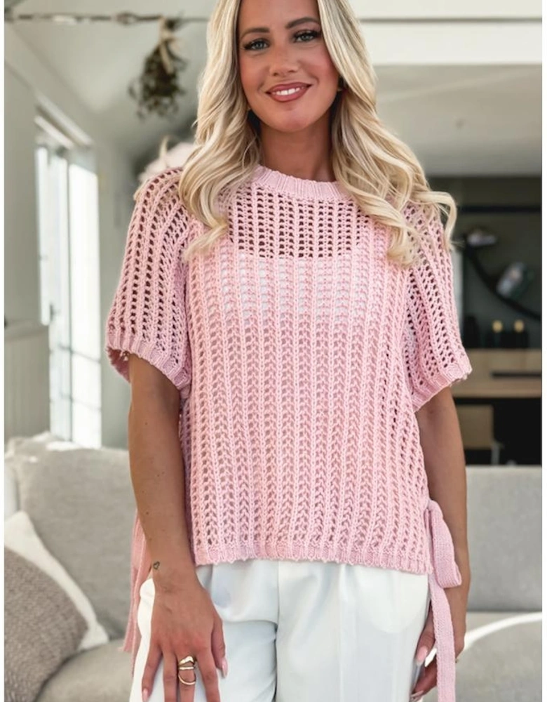 Pink Hollow-out Crochet Side Tied Short Sleeve Sweater