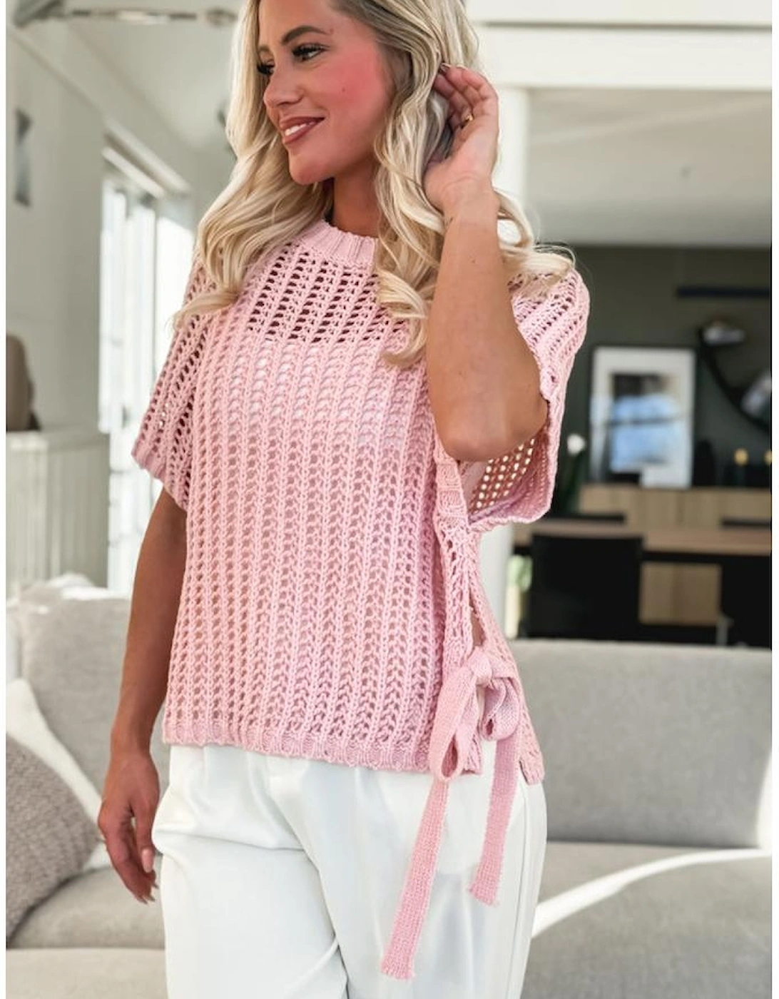 Pink Hollow-out Crochet Side Tied Short Sleeve Sweater