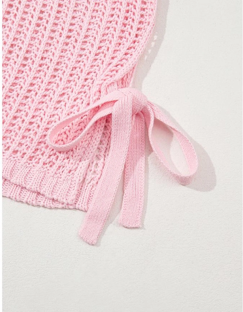 Pink Hollow-out Crochet Side Tied Short Sleeve Sweater