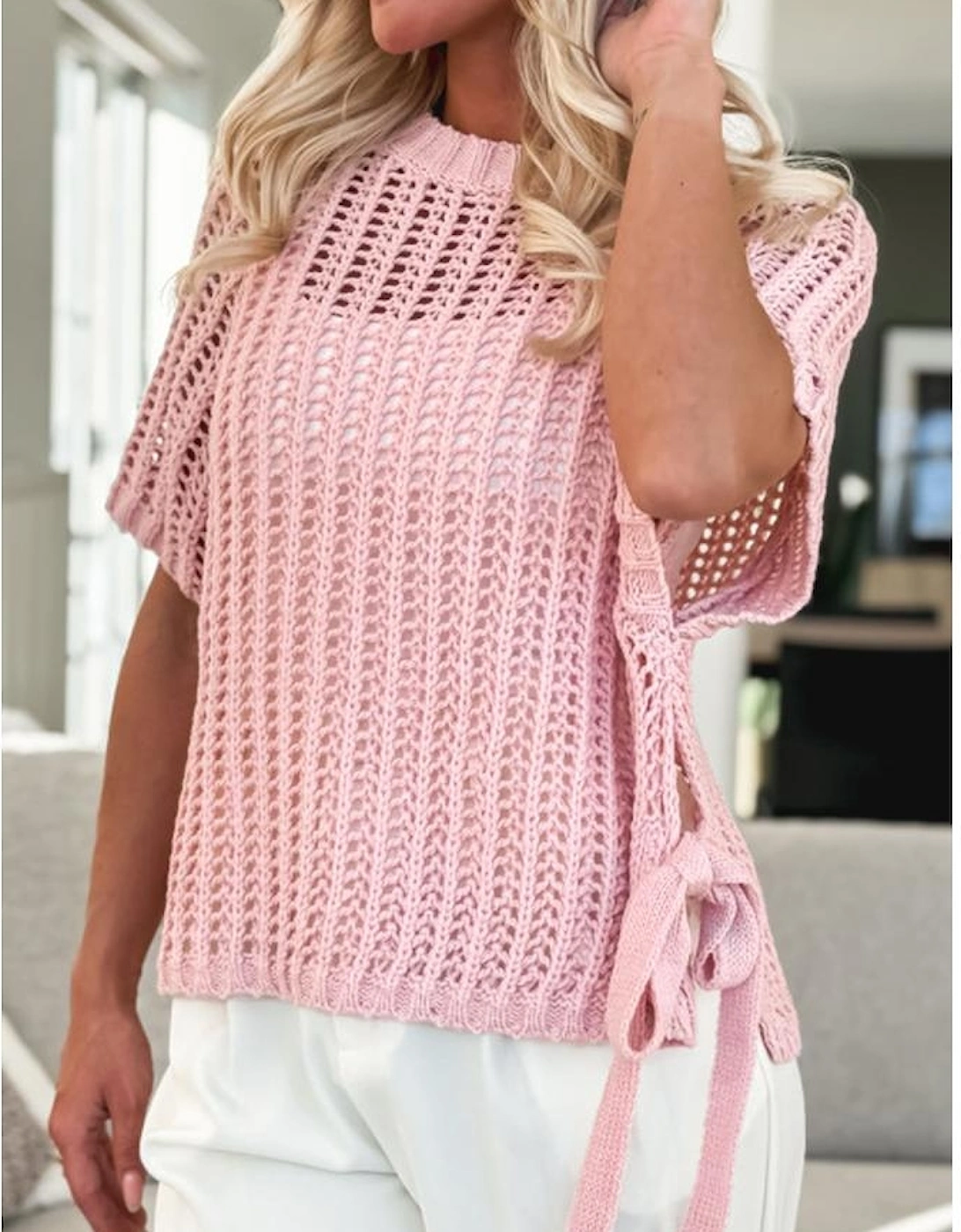 Pink Hollow-out Crochet Side Tied Short Sleeve Sweater