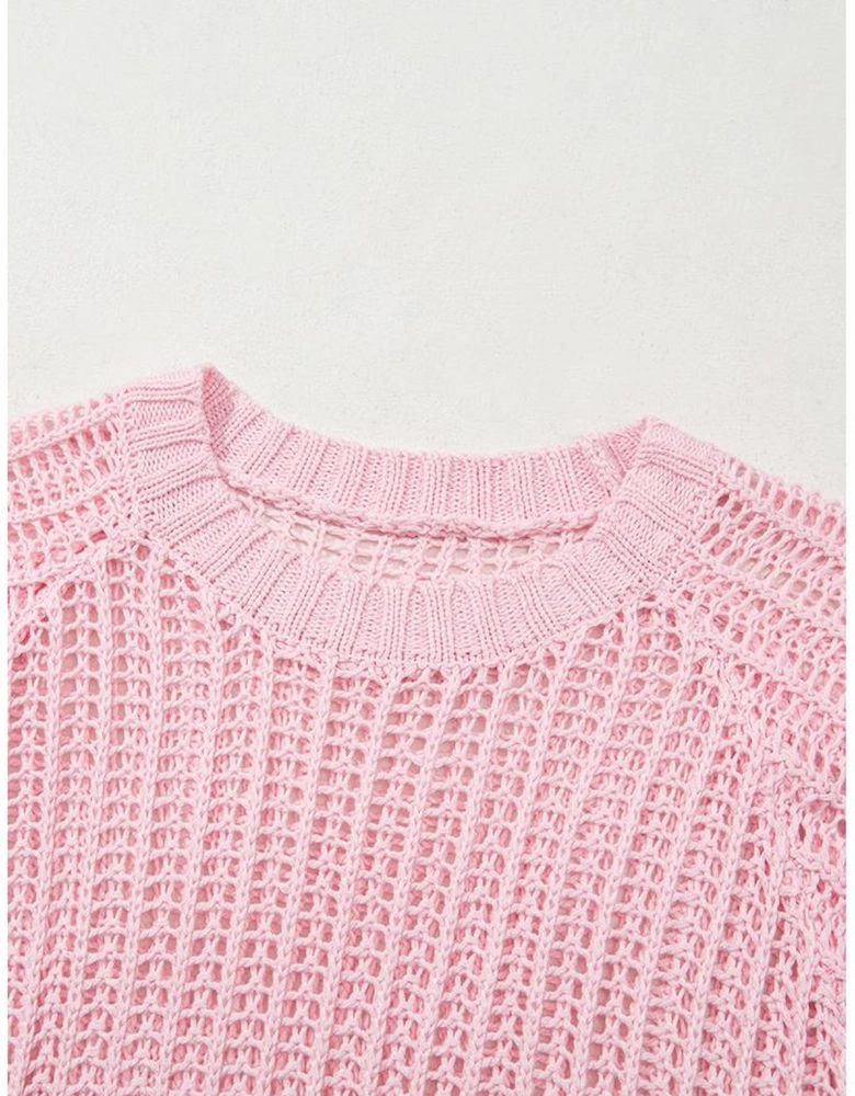 Pink Hollow-out Crochet Side Tied Short Sleeve Sweater