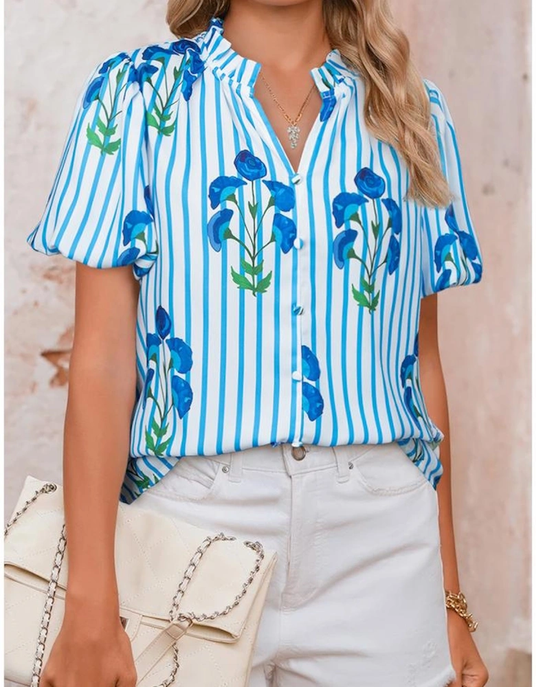 Sky Blue Stripe Floral Buttoned Frilly Notched Neck Puff Sleeve Summer Blouse